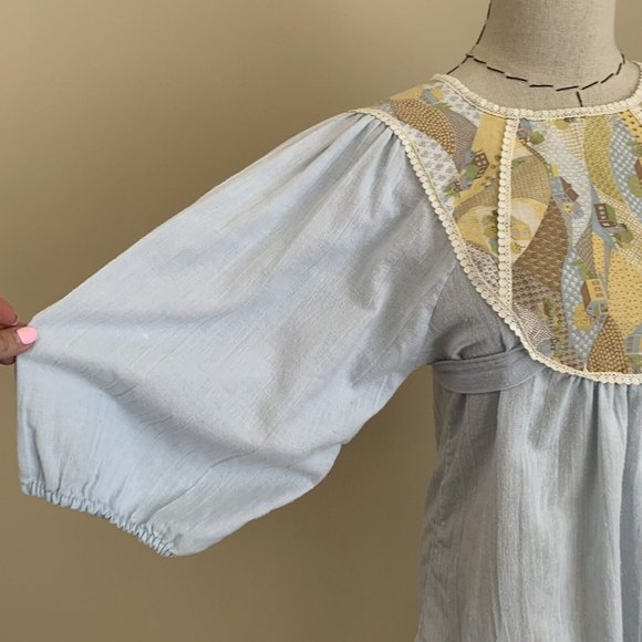 Vintage 70s Calico Patchwork Prairie Quilt Cottage Core Puff Sleeve Top S - Picture 4 of 12